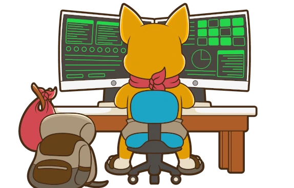 Nomadops Corgi mascot working at a desk with a large monitor.